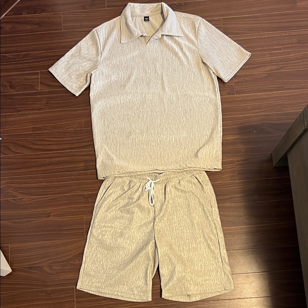 Beige Short Sleeve Shirt and Shorts Set